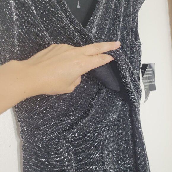 Jones New York NEW Black Metallic Glitter Sleeveless Knee Length Faux Wrap Dress - Picture 3 of 11
